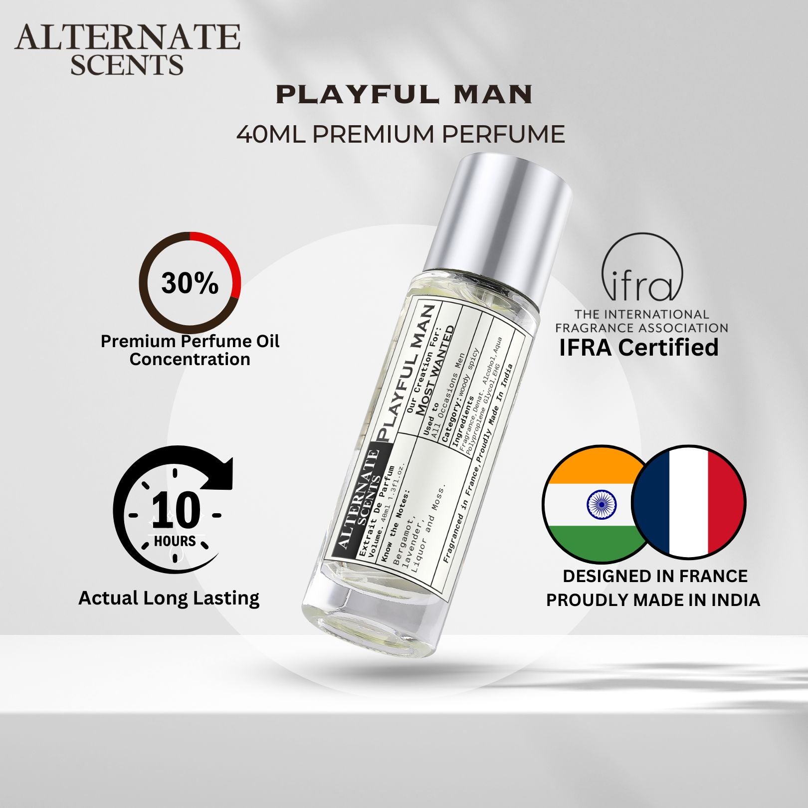 Alternate Scents Playful Man Long Lasting Perfume For Men |Strong& long Lasting with 30% Oil Concentration| Sweet Spicy Warm| Fragrance From France | Made In India|