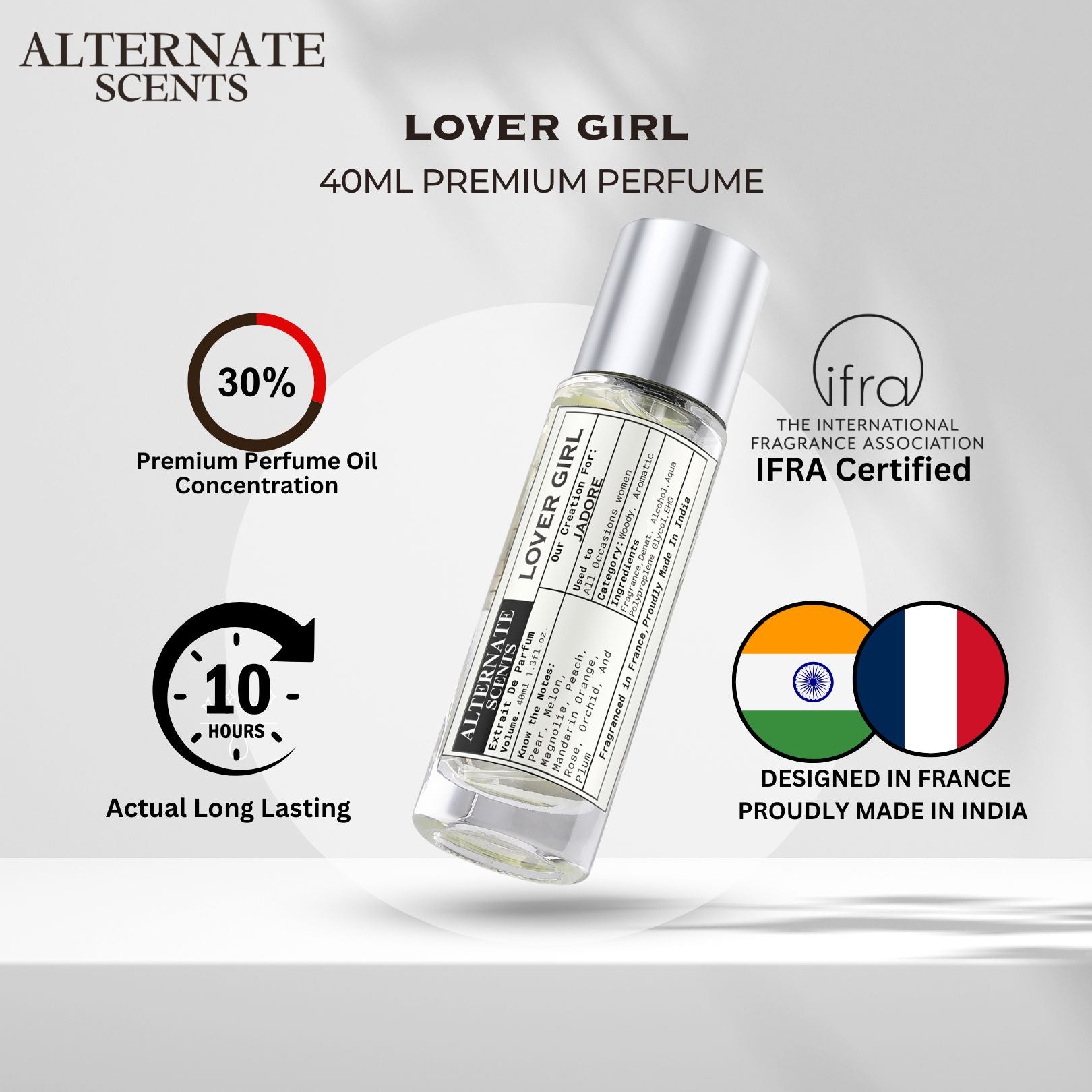 Alternate Scents LOVER GIRL Long Lasting Perfume For Men |Strong& long Lasting with 30% Oil Concentration|Fresh &Floral | Fragrance From France | Made In India|