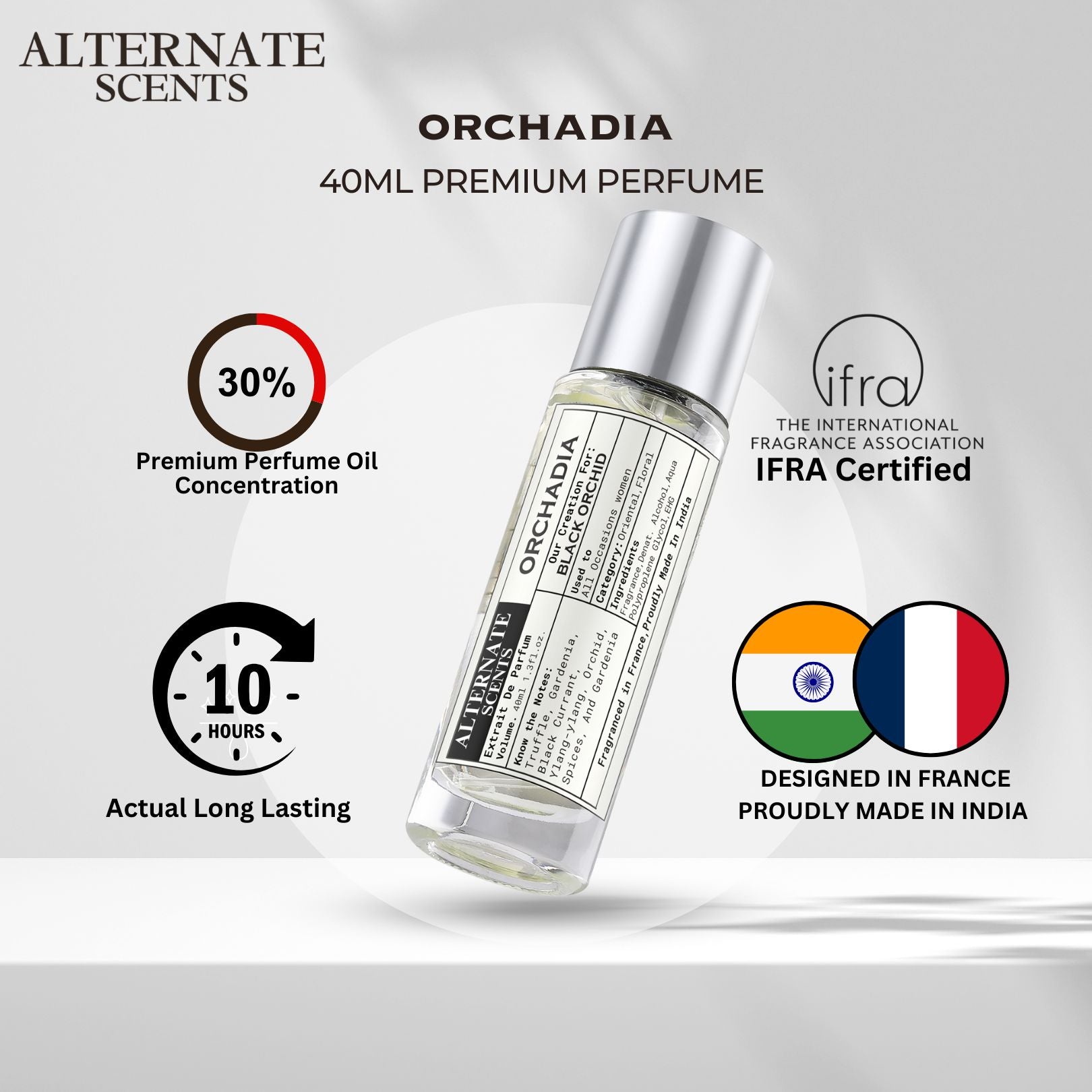 Alternate Scents Orchadia Long Lasting 40ml Perfume For Women |Strong& long Lasting with 30% Oil Concentration|Bold Floral Spicy | Fragrance From France | Made In India|
