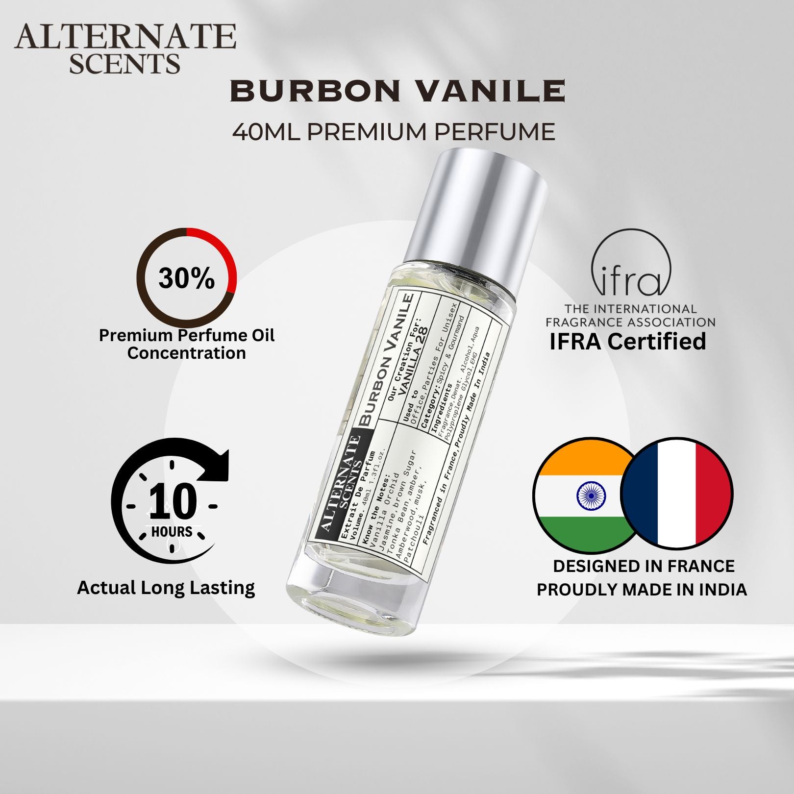 Alternate Scents BURBON VANILE Long Lasting Perfume For Men& Women |Strong& long Lasting with 30% Oil Concentration|Warm, Sweet & Spicy| Fragrance From France | Made In India|