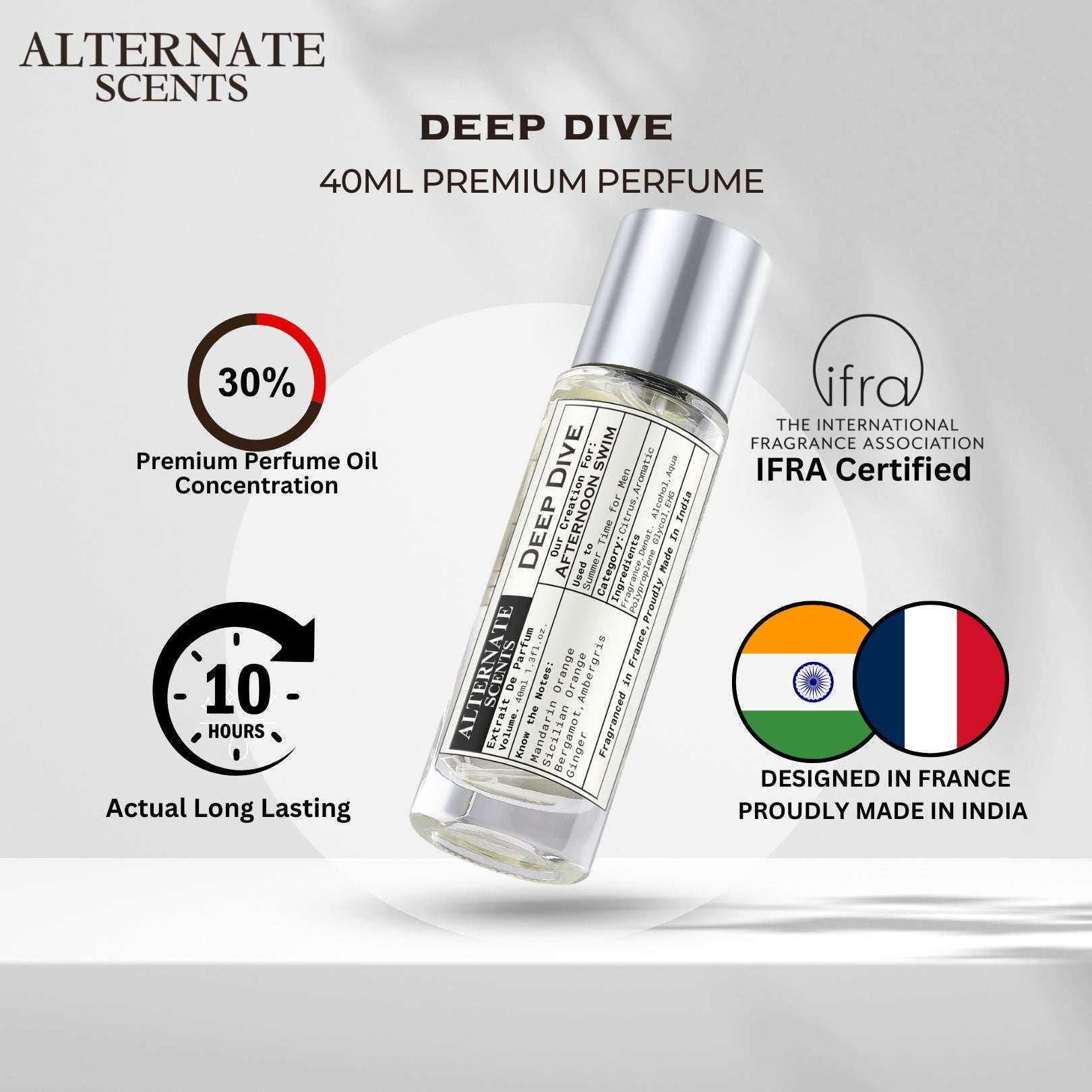 Alternate Scents DEEP DIVE Long Lasting Perfume For Men |Strong& long Lasting with 30% Oil Concentration|Fresh Aquatic Citrusy| Fragrance From France | Made In India|