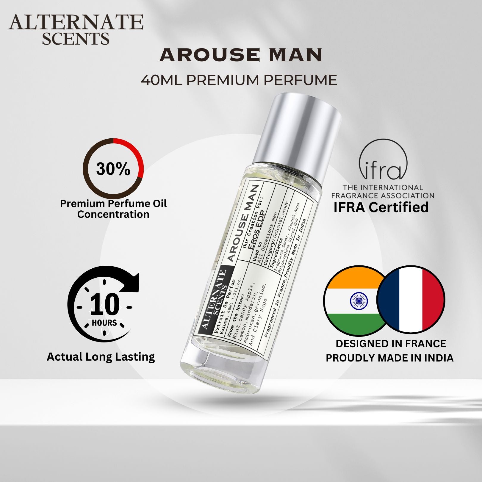 Alternate Scents AROUSE 40ml Long Lasting Perfume For Men |Strong & long Lasting with 30% Oil Concentration| Fresh Minty Vanilla Fragrance From France | Made In India