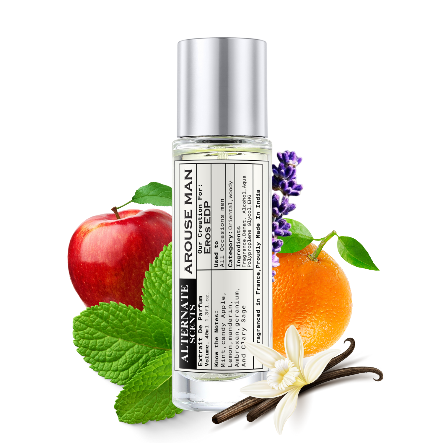 Alternate Scents AROUSE 40ml Long Lasting Perfume For Men |Strong & long Lasting with 30% Oil Concentration| Fresh Minty Vanilla Fragrance From France | Made In India