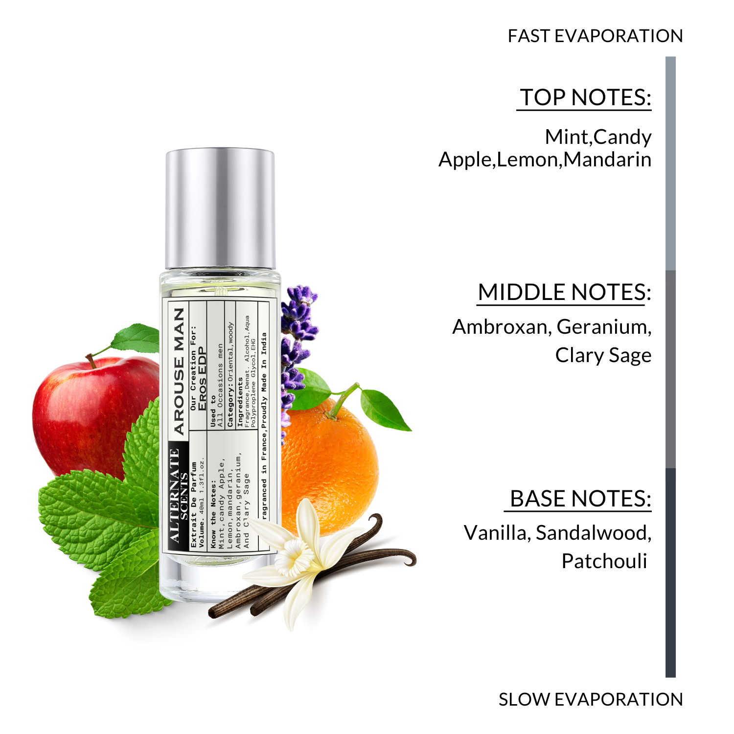 Alternate Scents AROUSE 40ml Long Lasting Perfume For Men |Strong & long Lasting with 30% Oil Concentration| Fresh Minty Vanilla Fragrance From France | Made In India