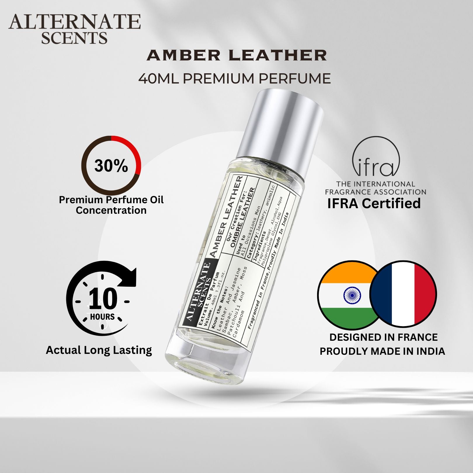 Alternate Scents AMBER LEATHER Long Lasting Perfume For Men |Strong& long Lasting with 30% Oil Concentration|Bold, Spicy-Leather| Fragrance From France | Made In India|